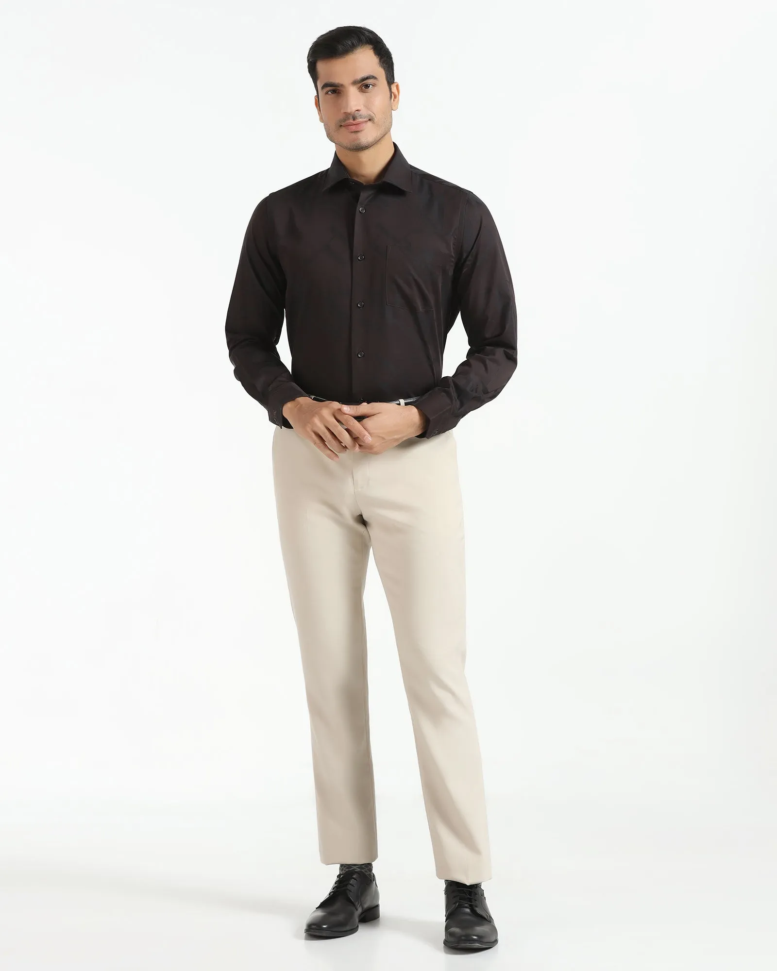 Formal Brown Jacquard Shirt - Rowan Double Stitched Hems Striped Design