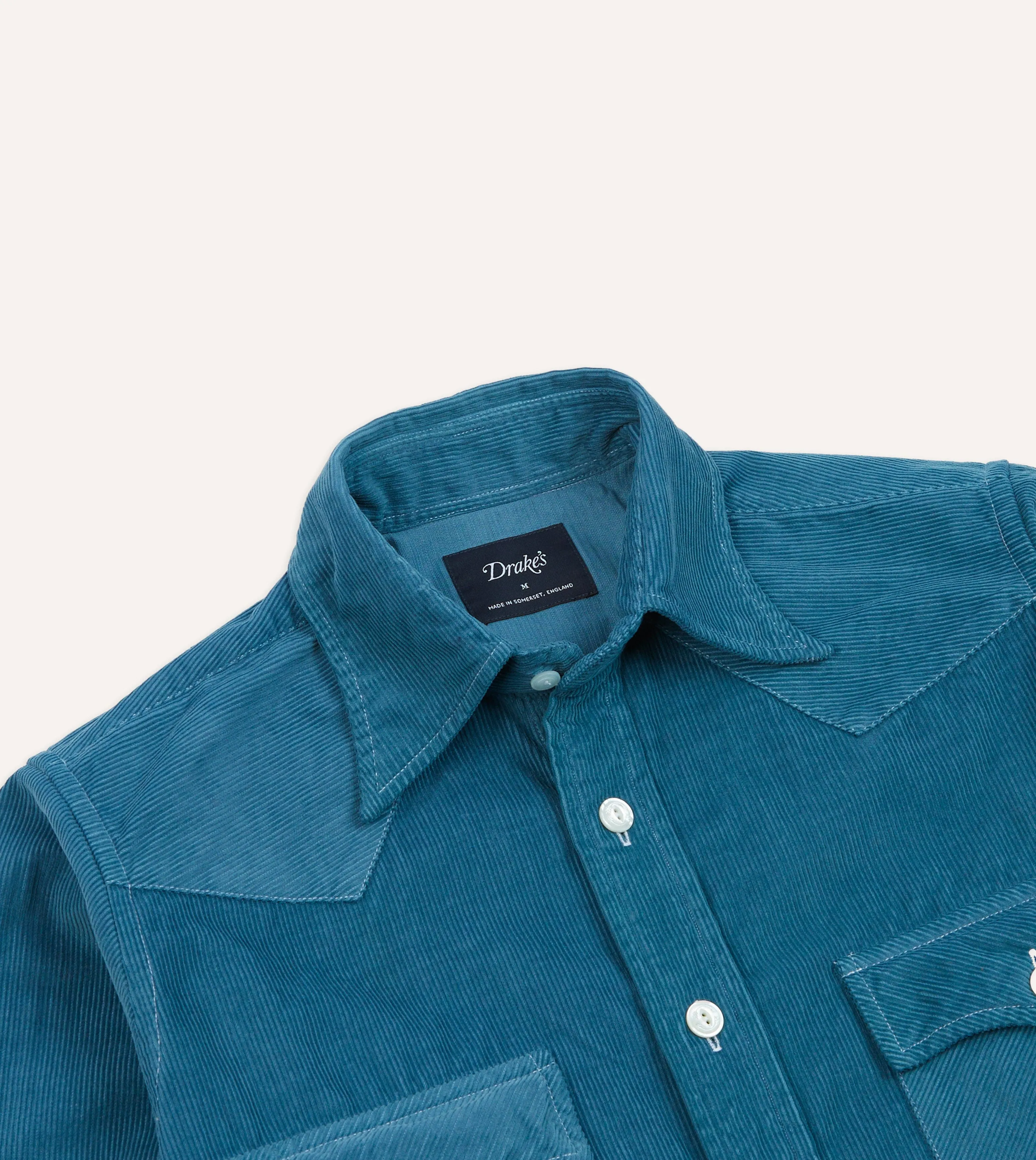 Smooth Zipper Design Social Meetup Turquoise Corduroy Two-Pocket Western Shirt