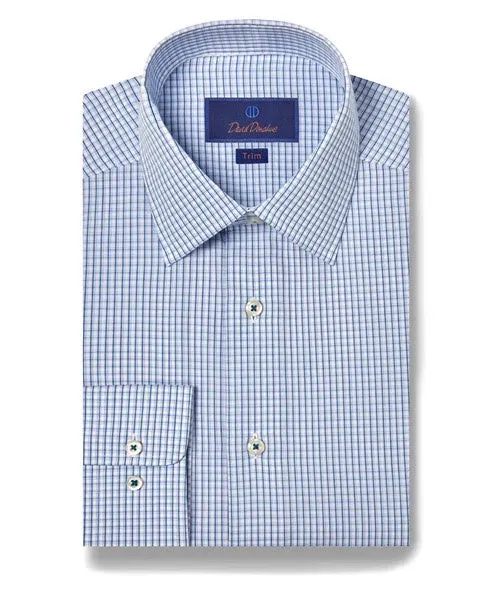 David Donahue Trim Fit Micro Check Dress Shirt in White/Ocean Stylish Design