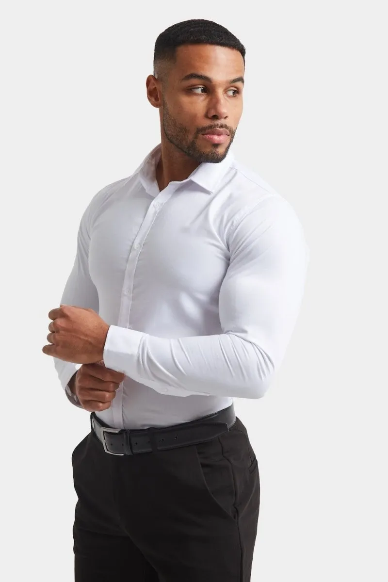 Athletic Fit Dress Shirt in White Multipurpose Layering Fabric Checkered Look