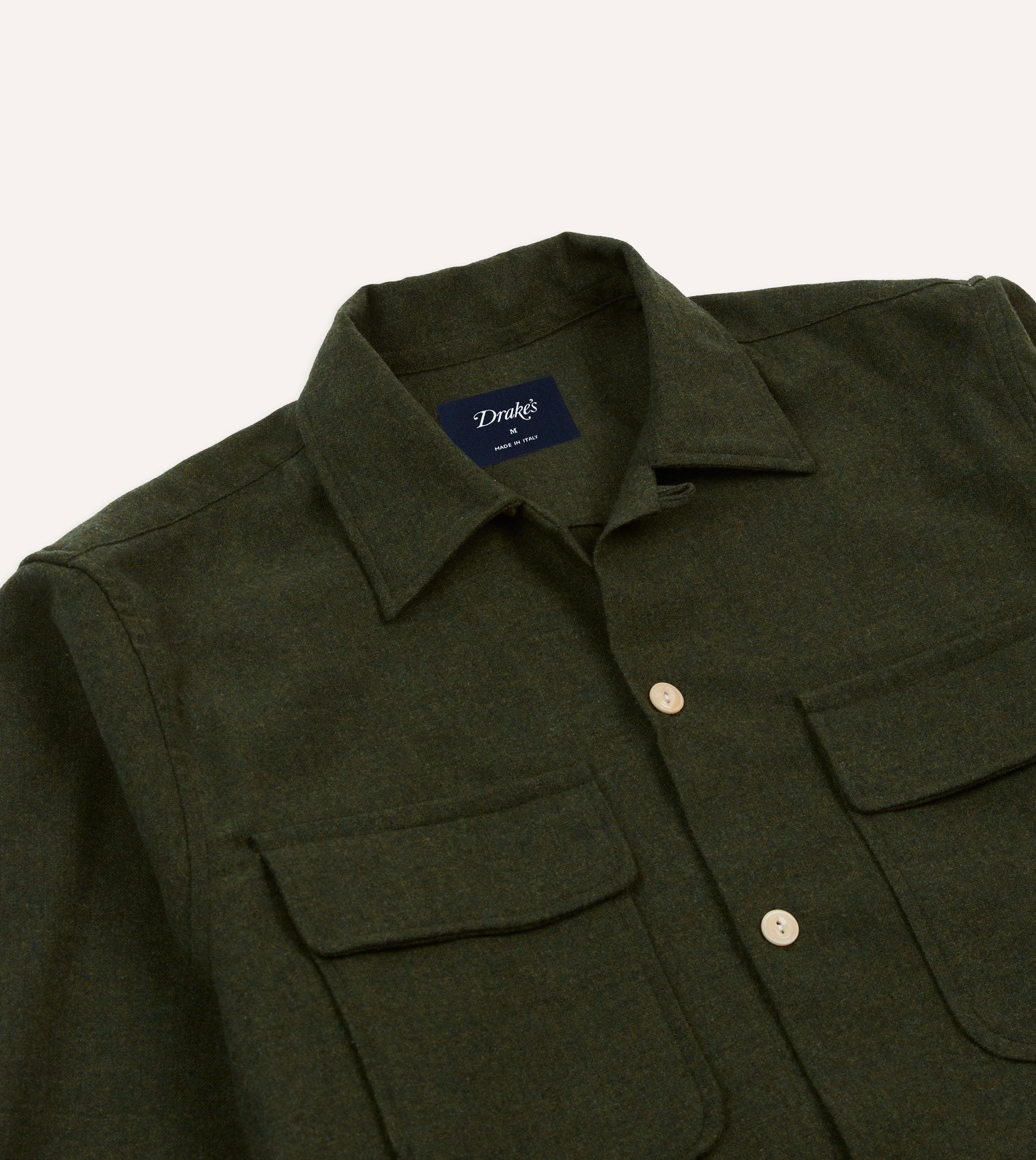 Dark Green Wool Two-Pocket Camp Collar Work Shirt Tropical theme Non-Iron