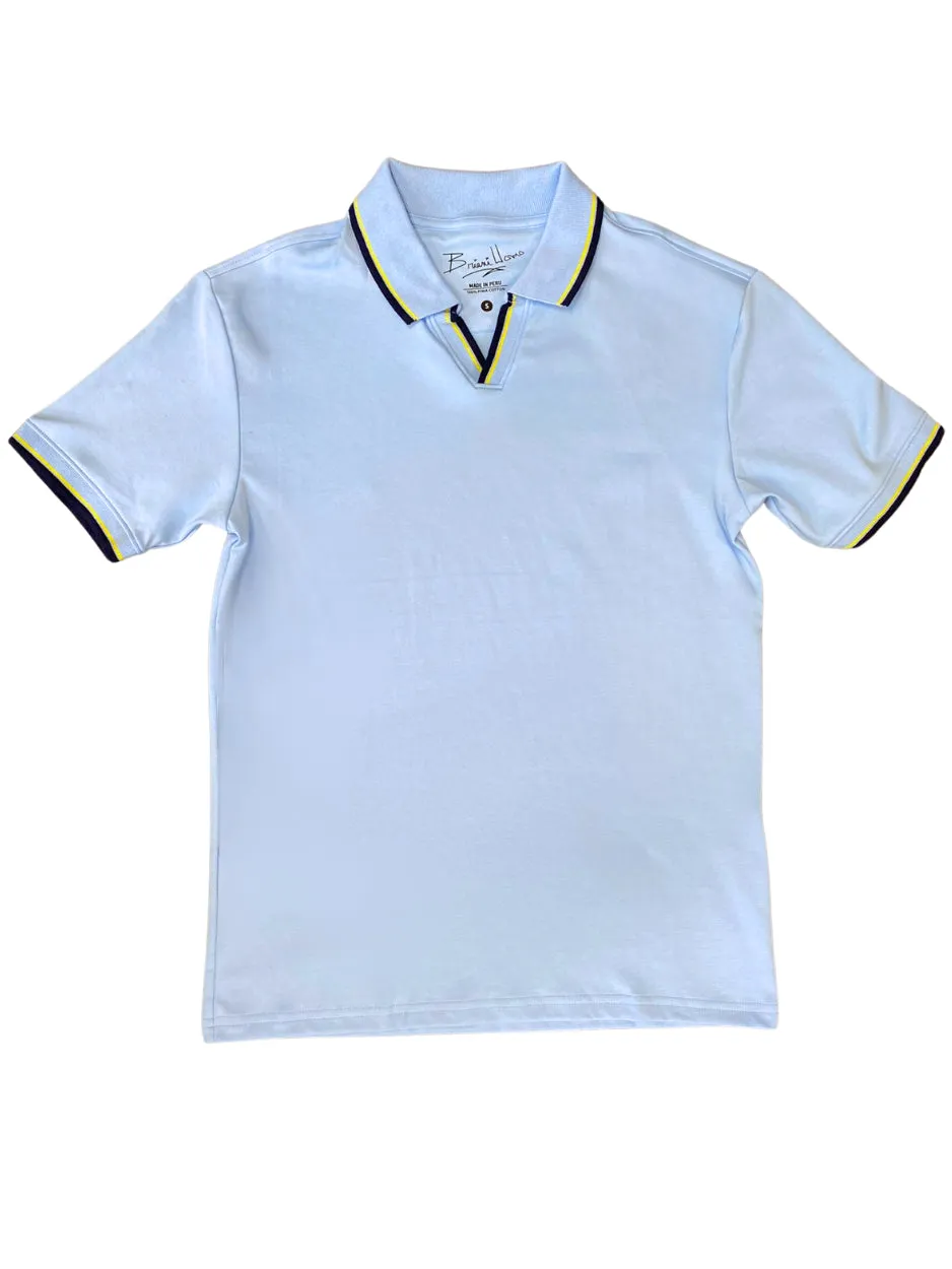 Summer Vacation Business Meeting Briani Uomo Sky Blue V-Collar 100% Pima Cotton Short Sleeve Polo Casual Shirt