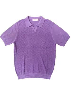 LowProfile Seam Tape Lavane Mens Violet Textured Short Sleeve Johnny Collar Knit Polo Casual Shirt