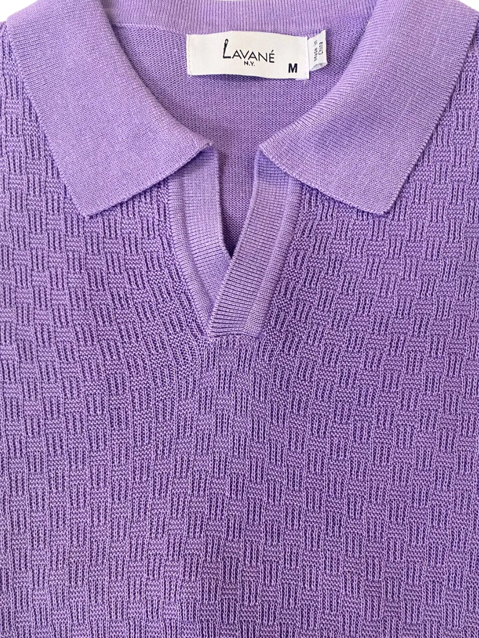 Lavane Mens Violet Textured Short Sleeve Johnny Collar Knit Polo Casual Shirt Polished Comfort