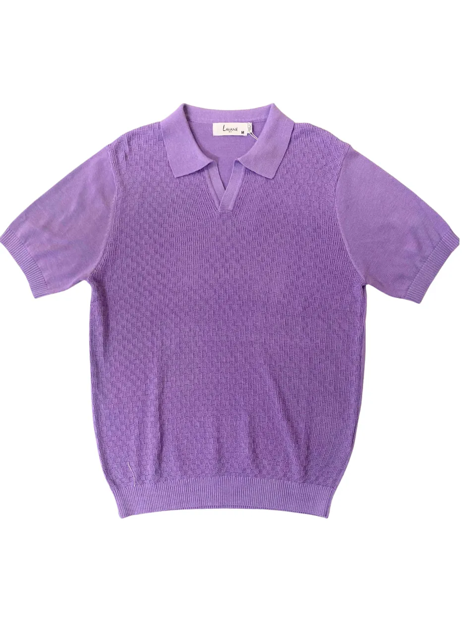 LowProfile Seam Tape Lavane Mens Violet Textured Short Sleeve Johnny Collar Knit Polo Casual Shirt