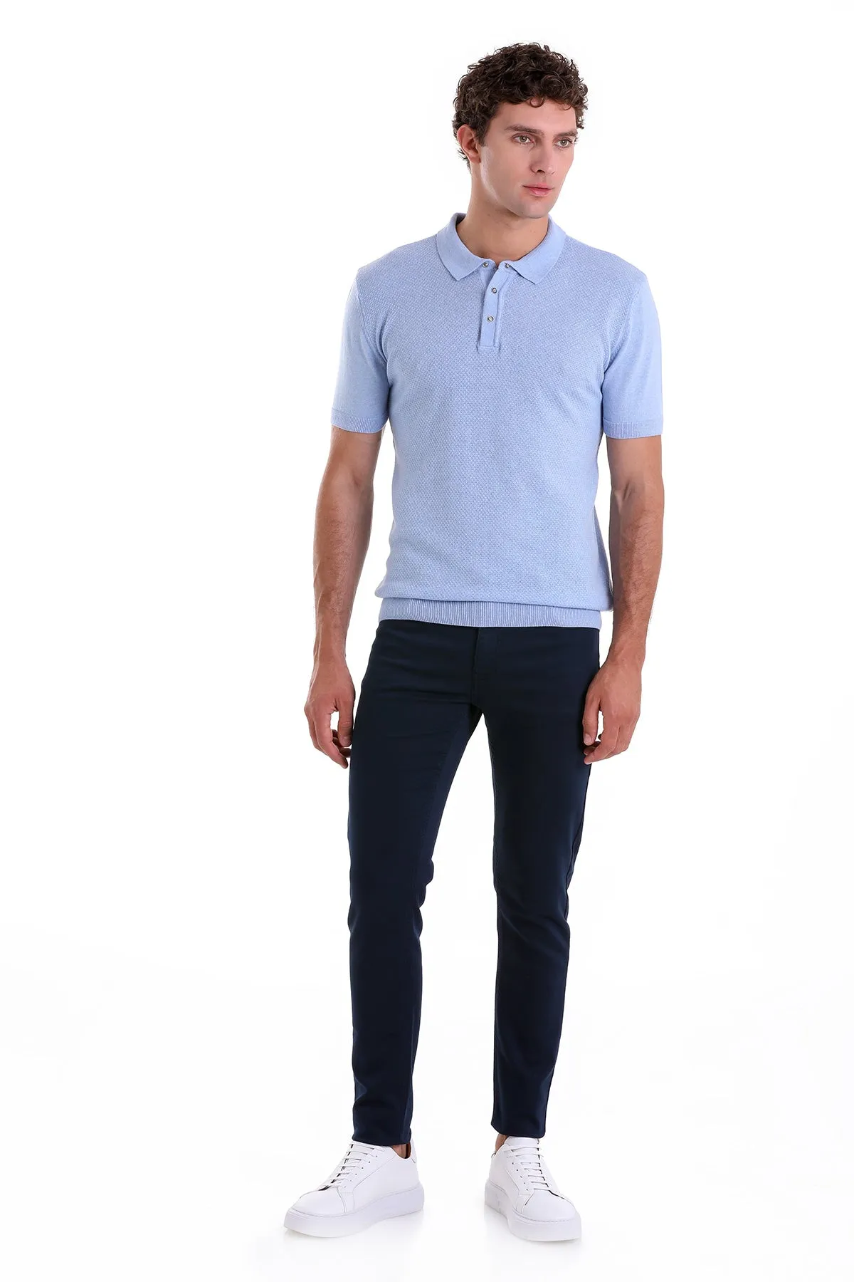 Regular Fit Cotton Blend Light Blue Jacquard Polo T-Shirt Casual Fit