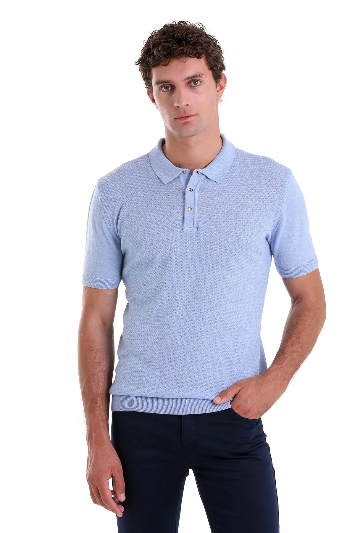 Active Design Regular Fit Cotton Blend Light Blue Jacquard Polo T-Shirt
