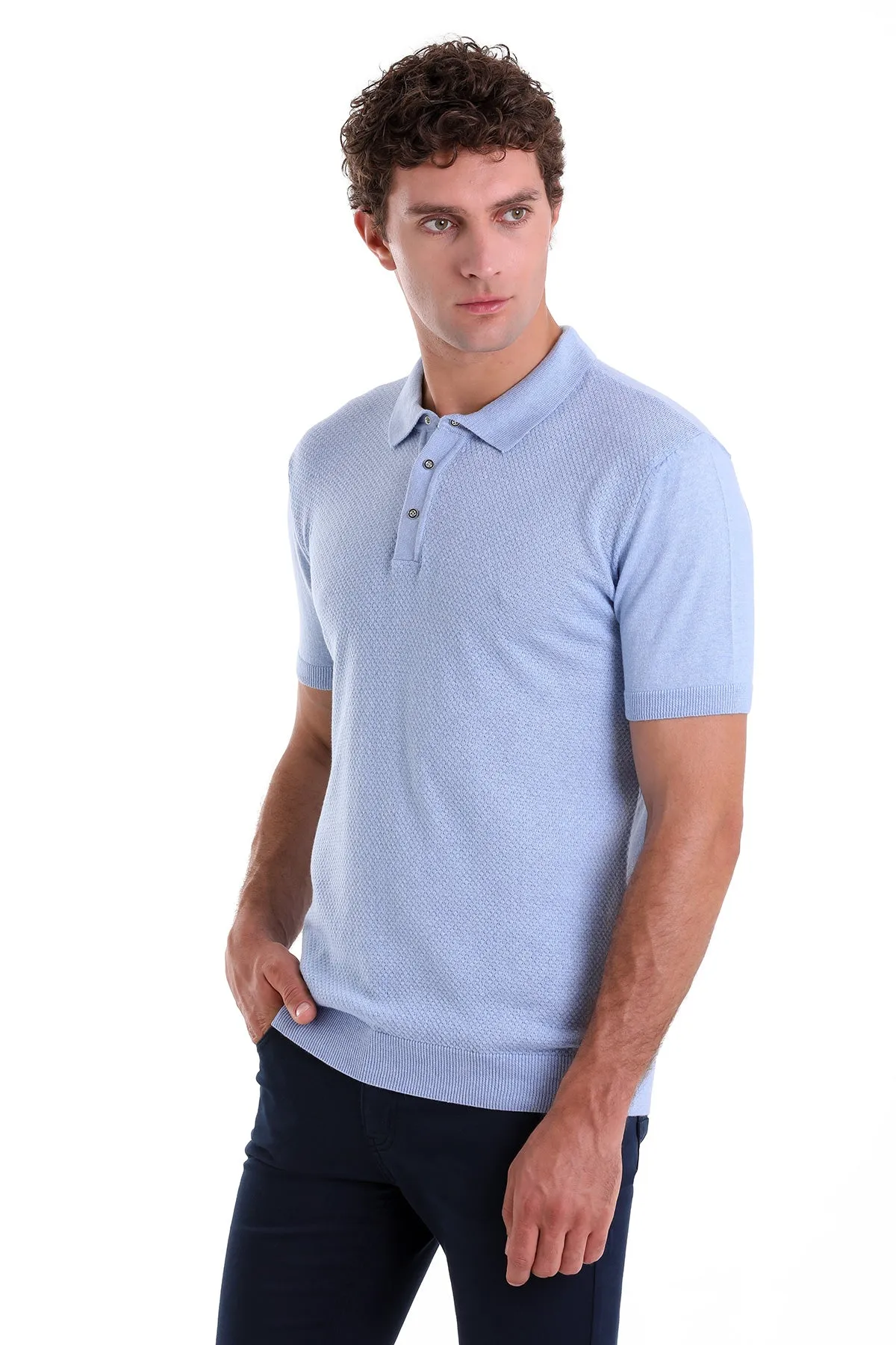 Regular Fit Cotton Blend Light Blue Jacquard Polo T-Shirt Sporty Elegance