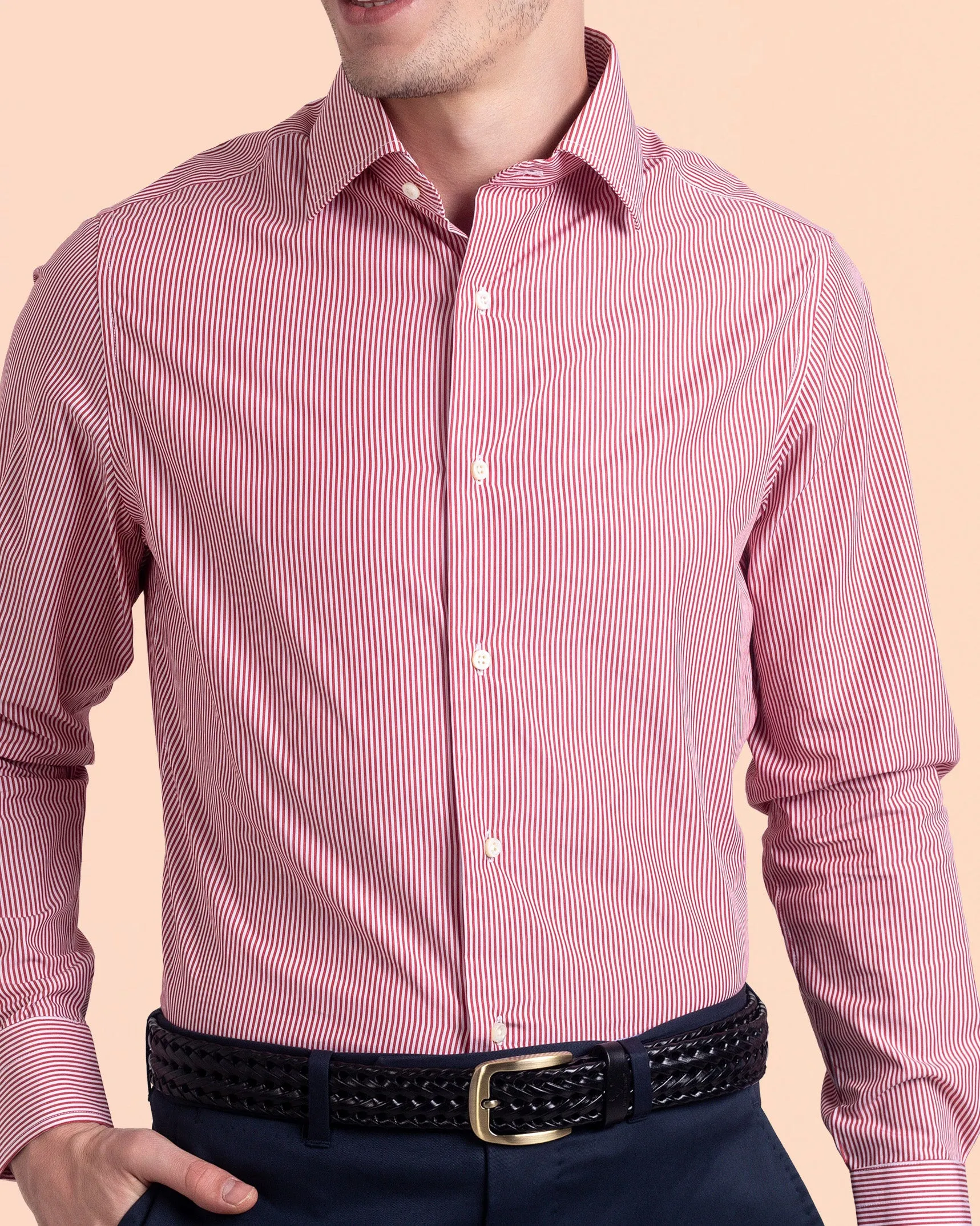 Monti Red Dress Stripes Ice Shirt Mesh Insert Waffle Weave